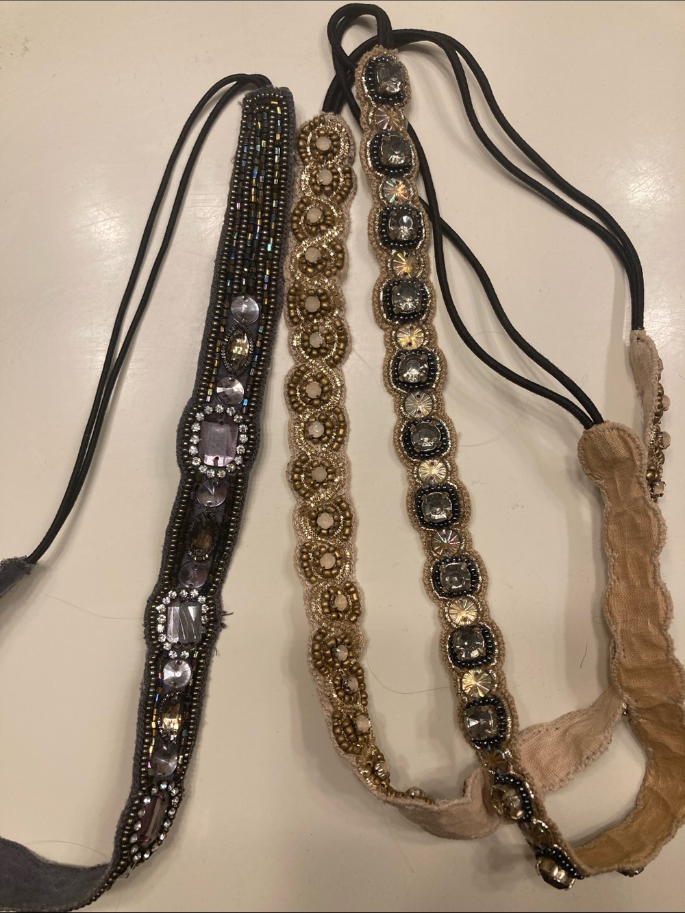 Beaded Elastic Headband Set - Neutral Beige & Charcoal - Picture 2 of 3